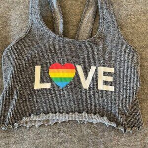 Gray Ribbed Crop Bralette with Rainbow Heart LOVE